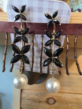 Elegant Black Floral Drop Earrings with Pearl Accent